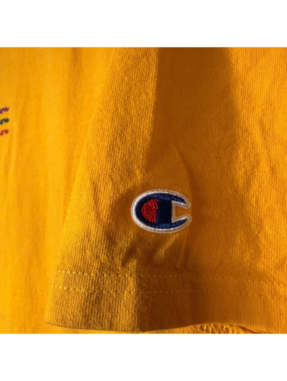Vintage 90s Champion Graphic T-Shirt Gold Mustard Spellout Back Print M - Picture 5 of 8